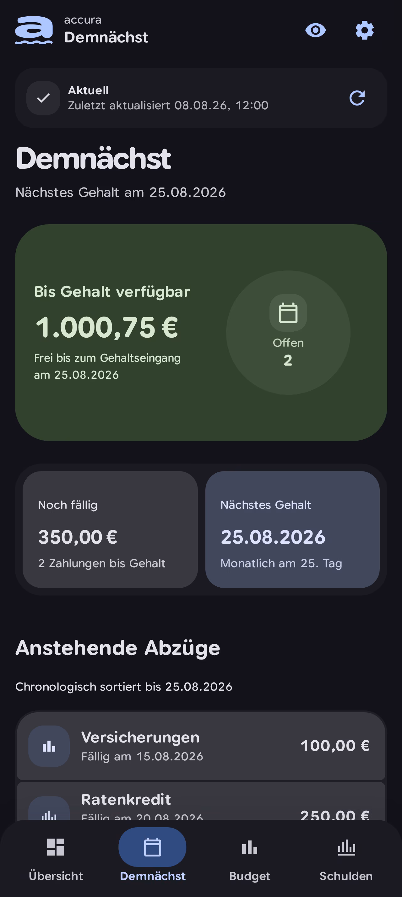 Accura upcoming payments view before the next payday.